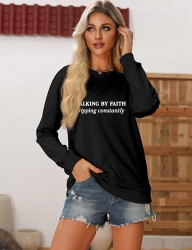Christian Sweatshirts for Women Religious Faith Graphic Crewneck Pullover Shirts Casual Long Sleeve Inspirational Tops - color: Black, size: Medium
