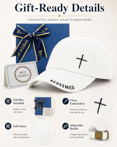 Cross Jesus Hat with Gifts Box, Embroidered Religious Baseball Cap, Christian Gifts for Men Women - color: White