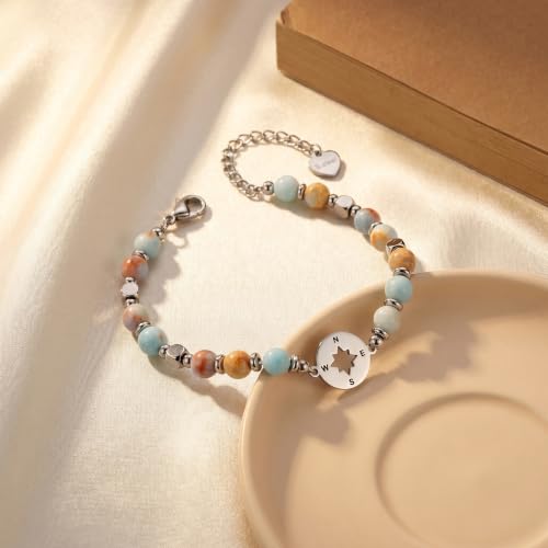 Bracelet for Women Natural Stone Beaded, Stainless Steel Charms, Adjustable - color: 11-Compass