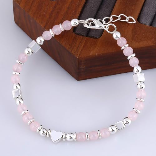 Beaded Bracelets for Women, Inspirational Natural Gemstone Bracelets Graduation Mothers Day Christmas Birthday Gifts for Mom, Daughter, Granddaughter, Wife, Sister, Best Friend - color: Rose Quartz, style: Heart