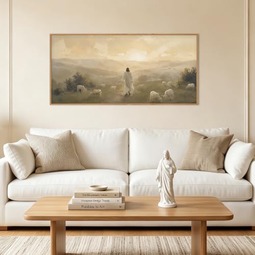 HLNIUC Vintage Jesus Lamb Framed Canvas Wall Art,Abstract Christian Bible Horizontal Wall Decor,Religious Sunset Artwork(40x20),Large Texture Nature Landscape Prints for Living Room,Bedroom,Church - color: Jesus Sheep, size: 40"L x 20"W
