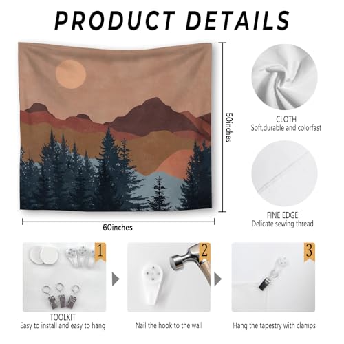 Foritho Abstract Boho Sun Mountain Tapestry, Retro Mountain Wood Landscape Tapestry Wall Hanging, Mid Century Modern Wall Tapestries for Bedroom Living Room Home Office Decor, 50x60 Inch - color: Color 16
