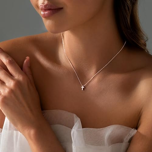 Sideway Dainty Cross Necklace for Women Girls, 14K Gold Plated Waterproof Small Cross Choker Necklace Simple Minimalist Pendant, Trendy Cute Religious Faith Baptism Confirmation Gifts for Girls Jewelry - color: Rose Gold-Small Cross-06