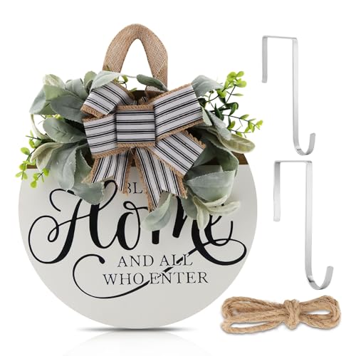 Welcome Sign for Front Door, 12 Inch Rustic Round Wood Wreath, Farmhouse Porch Wall Hanging Decor for Home, Fence and Outdoor Spaces, Bless This Home Sign for Spring, Summer, Fall and Holidays