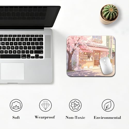 Anime Sakura Cat Café Mouse Pad 9.5" x 7.9", Cozy Japanese Cherry Blossom Cute Desk Mat, Kawaii Art - color: Cartoon Design