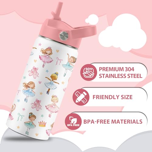 16 oz Ballet Water Bottle with Straw, Insulated Stainless Steel Tumbler - color: Ballet