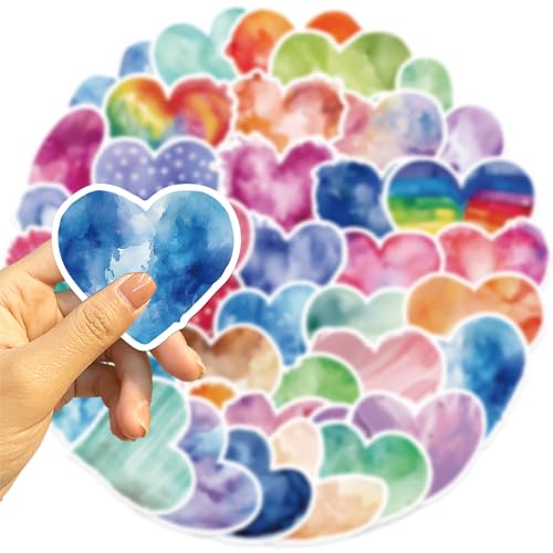 50pcs Cartoon Watercolor Heart Stickers, Teacher Gift Vinyl Stickers for Laptop Scrapbooking Journaling Notebook Party Supplies, Waterproof Stickers Pack for Teens Adults - color: Heart
