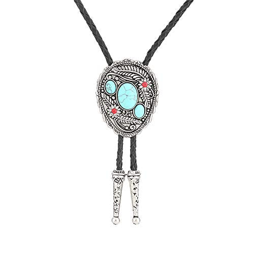 bolo tie for man,handmade western cowboy alloy natural mix Leather Bolo Tie - color: Leaf Turquoise Bolo Tie