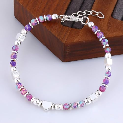 Beaded Bracelets for Women, Inspirational Natural Gemstone Bracelets Graduation Mothers Day Christmas Birthday Gifts for Mom, Daughter, Granddaughter, Wife, Sister, Best Friend - color: Purple, style: Heart