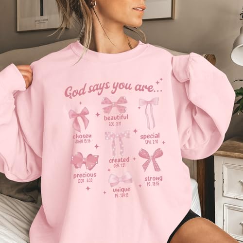 Christian Bow Sweatshirt for Women God Jesus Bible Verse Sweatshirts Cute Bow Graphic Coquette Long Sleeve Shirts - color: Pink, size: Medium
