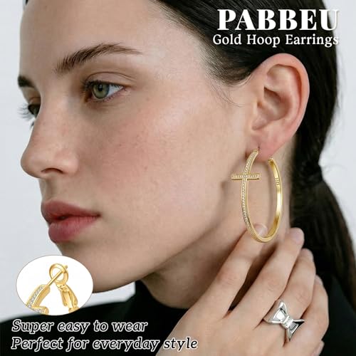 PABBEU 925 Sterling Silver Cross Hoop Earrings for Women Hypoallergenic - color: 50mm gold