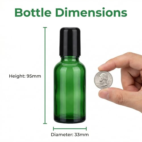 erioctry 6PCS 30ml Empty Portable Green Glass Roll on Bottles With Stainless Steel Ball and Black Cap For Perfume Essential Oil Roller Bottles Vial Container Pot Jar Attar Bottle - size: 30ml