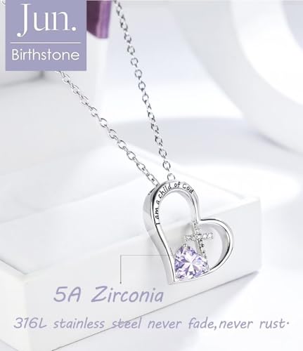 Birthstone Cross Necklace for Girls, Child of God Cross Gifts Jewelry - color: 06. June, style: 01. Silver
