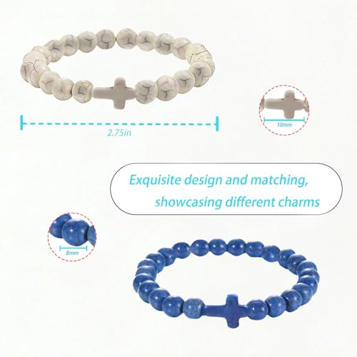 Beaded Cross Bracelet Elastic Christian Faith Gift for Men & Women, Beaded Prayer Bracelet for Baptism, Easter, Bible Study - color: Beige / Blue