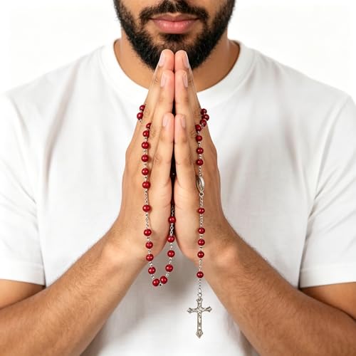 24Pcs Rose Scented Catholic Rosaries Necklaces Rosary Beads Necklace - color: Red