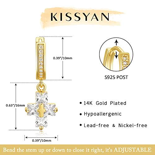 KissYan 14K Gold Plated Huggie Earrings for Women, S925 Sterling Silver Small CZ Cross Hoop Dangle Drop Earrings, Hypoallergenic Dainty Handmade Jewelry - style: Baguette Cross