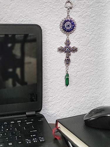 LUCKBOOSTIUM Blue Crystal Inlayed Cross & Blue Mandala Evil Eye Amulet w/Hanging Healing Stone - Nature, Energy, Rebirth, Growth Charms - Car & Home Charm Ornament (2"x8", Malachite) - color: Malachite