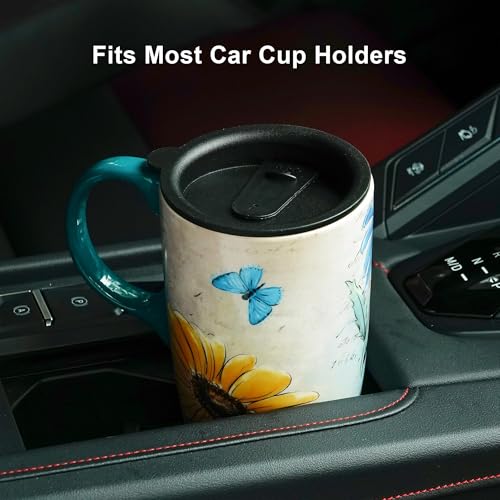 Topadorn 17oz Ceramic Travel Mug with Lid, Blue Daisy Floral Mug - color: Yellow Flower