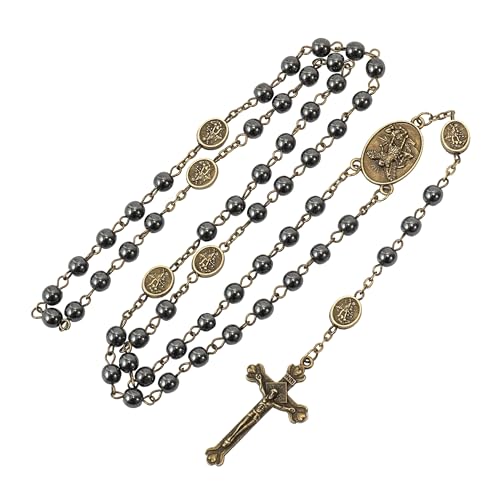 Nazareth Store St Michael Rosary Hematite Stone Beads Necklace Metal Beaded Glory Beads Archangel Medal & Cross with Metal Gift Box - color: Bronze | Jesus Cross