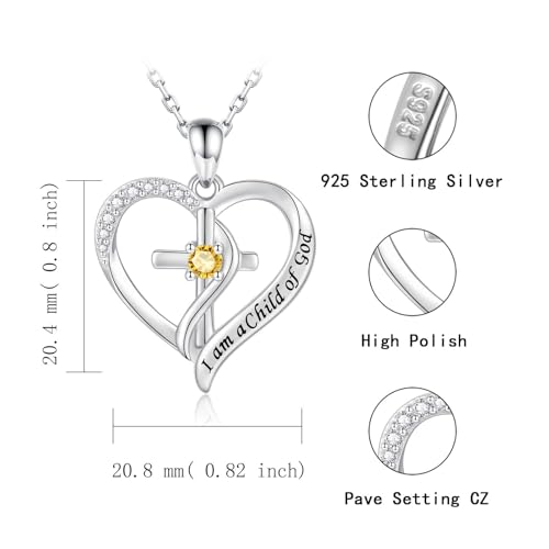 925 Sterling Silver I Am a Child of God Scripture Pendant with Birthstone Heart Cross Communion Necklace for Women Christian Faith Jewelry Gift - color: November