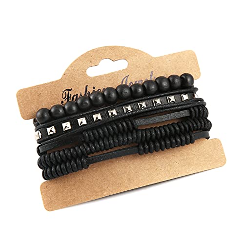 HZMAN Handmade Hemp Cords Wood Beads Leather Bracelets for Men Women - style: Wooden bead style 7