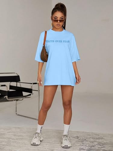 BANGELY Faith Over Fear Shirt Women Graphic Shirts Oversized Workout Gym Christian Religious Tees Drop Shoulder Tee Tops - color: Little-blue, size: Small