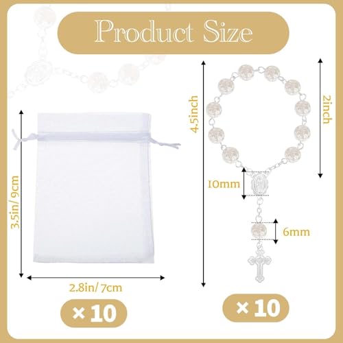 10 Set Baptism Party Favors Mini Rosary Beads Faux Pearls with Organza Bags for Christening Weddings First Communion Party Favors - style: Silver Rose