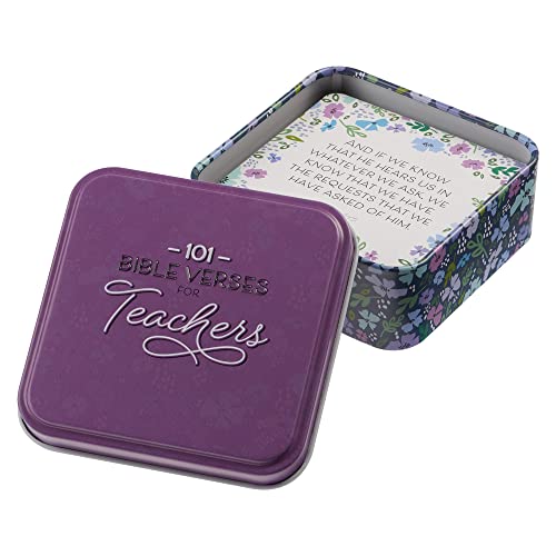 Christian Art Gifts Scripture Devotional Cards – 101 Bible Verses For Teachers – Daily Encouraging Devotion Prayer Card for Teachers 51 Double Sided Cards in Sturdy Storage Gift Tin, Floral Purple