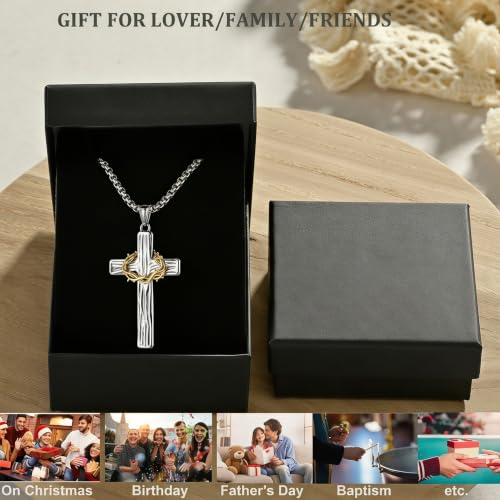 MOOSKI Cross Necklace for Men 316L Stainless Steel Crucifix Jesus 24" Chain - color: Silver-gold