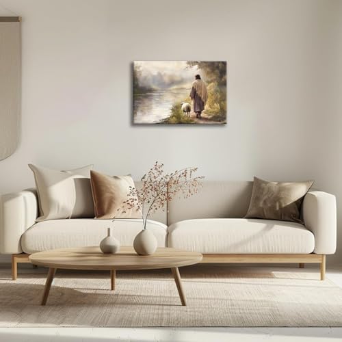 Framed Jesus Wall Art Jesus and the Lamb Walking by the River Inspirational Religious Canvas Print, Wall Decor Gallery for Living Room, Prayer Room or Church 16x24 In - color: Jesus Sheep, size: 16x24 Inches