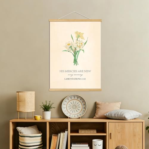 BAEMEFLE Framed Boho Floral Scripture Canvas Print, His Mercies Are New Every Morning Religious Wall Decor, Gifts for Women Bedroom Living Room Office 12x16 Inch (Flower, 16" L x 12" W, Framed) - color: Flower, size: 16"L x 12"W