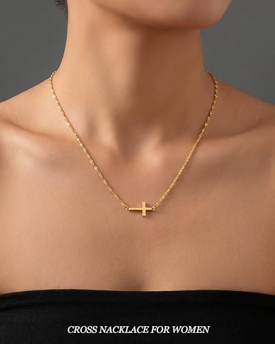 Cross Necklace for Women 14K Gold Plated Cross Necklace Dainty Cross Pendant Necklaces Easter Christian Baptism Religious Faith Jewelry Gifts - color: Gold-Sideway Cross Choker