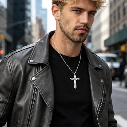 HZMAN Mens Polished Stainless Steel Silver Cross Pendant Necklace - color: Silver