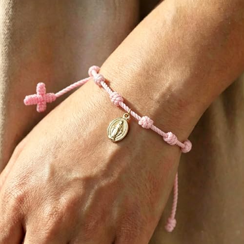 10 Knots Lucky Protection Rope Cross Bracelet For Women Men, Handmade Good Jesus Pendant Charm Amulet Adjustable Christian Pulsera Decenario String Jewelry, Daily Friendship Gift - color: Jesus Pink
