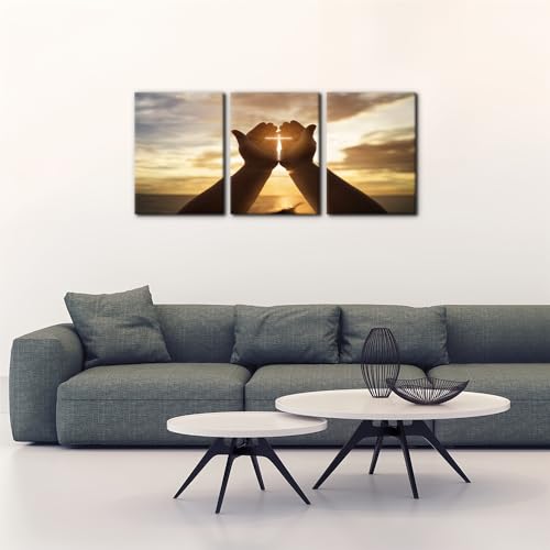Pacimo Canvas Wall Art, Set of 3 Framed Art Prints, Jesus Hands Prayer Painting, Christian Crosses Print on Canvas Set, Sunset Modern Wall Decor for Bedroom Living Room Office Decor - 12"x16"x3 - color: Wallart-05, size: 12"x16"x3 Panels