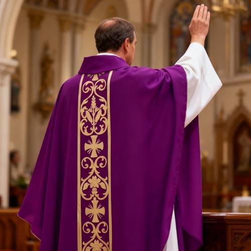 Clergy Vestments Chasuble Cross Robe Priest Cloak Church Mass - color: Purple