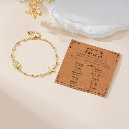 Gnamy Happy 13th 15th 16th 21th 30th 40th 50th Birthday Bracelet Gifts for Women Girls, 14k Gold Plated Virgin Mary Cross Bracelet Catholic Religious Friendship Jewelry for Her - style: 16th Birthday