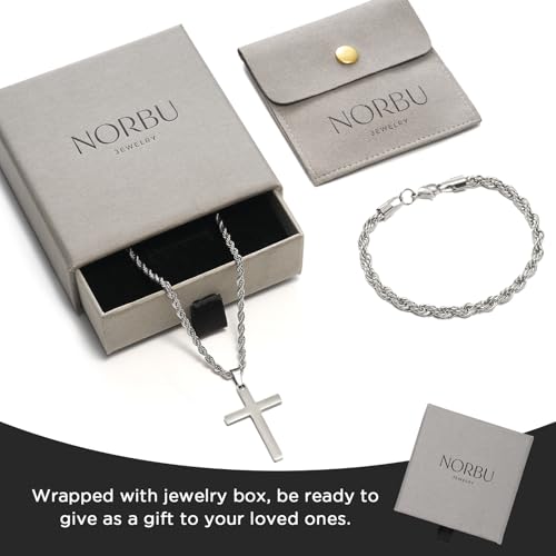 NORBU Stainless Steel Cross Necklace and Bracelet Set for Men, Cuban Link - color: Silver Rope