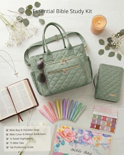 Large Bible Bag with Bible Cover Case for Women, Quilted Bible Tote Bag - color: Olive Green