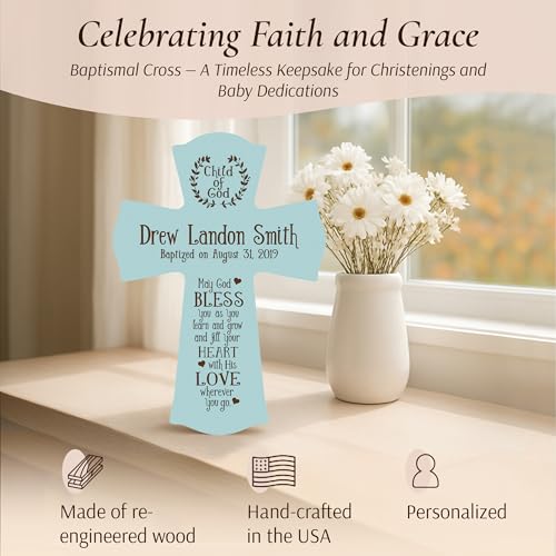 LifeSong Milestones Personalized Baptism Wall Cross - Engraved Blue Wood Christian Cross with Name & Date, Child of God Blessing, Christening & First Communion Gift (Blue, 8.5" x 11") - color: Blue, size: 11"L x 8.5"W