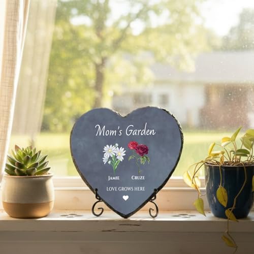 Mom’s Garden Stone Personalized with Kids Names & Birth Flowers - Custom Heart Slate Birthday Gift for Grandma, Nana, or Aunt - Unique Mother’s Day Gifts (S-204) - color: S-204