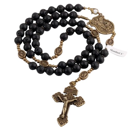 HanlinCC Black Lave Stone Beads Saint Michael Catholic Rosary Necklace with Gift Bag - color: Anti-Bronze