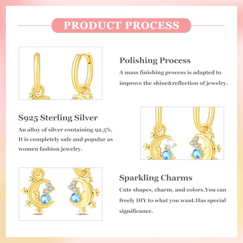 925 Sterling Silver Cute Animal Unique Huggie Hoop Earrings for Women - color: Gold Star Moon
