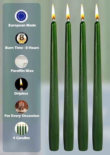 Hyoola Tall Taper Candles - 10 Inch Hunter Green Unscented Dripless Taper Candles - 8 Hour Burn Time - 4 Pack - color: Hunter Green, size: 10 Inch