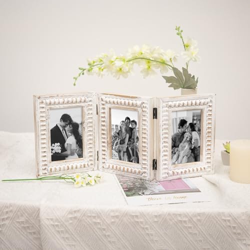 MODE HOME Whitewashed Folding 3 Picture Frame 4x6, Wooden Triple 4 x 6 Picture Frame for Tabletop Display, Farmhouse Picture Frames with Hinged Design, Family Photo Frame 4x6 - color: White, size: 3 Folding 4x6