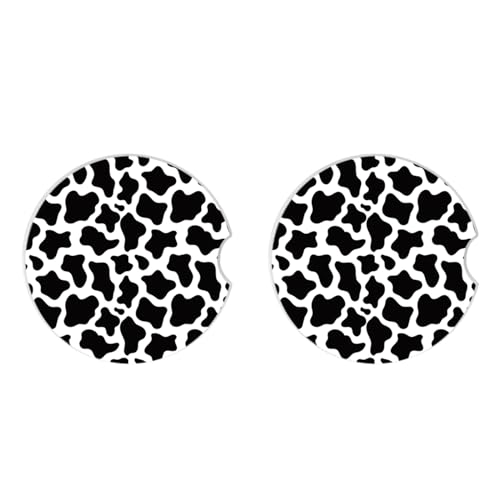 Cute Cow Print Animal Themed Black and White Ceramic Cup Holders Car Coasters Set for Women/Men,Drink Cup Car Holder Coasters with A Finger Notch 2.56" Pack of 2 - color: Cow Print Animal