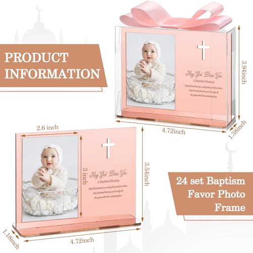 Vercraft 24 Set Baptism Picture Frame 3.5 x 5 Acrylic Baby Shower Baptism Favor Christening Gifts for Boy Girl with Plastic Crystal Boxes and Satin Ribbon Bows for Religious First Communion(Rose Gold) - color: Rose Gold