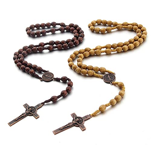 tenghong2021 Wooden Christian Catholic Rosaries Necklace Prayer Beads Holy Cross Catholic Wood for Men Women Pastor - color: Dark Brown