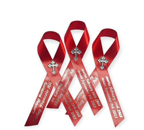 Personalized Memorial Service Funeral Ribbon Pins 20 Cross Religious Celebration of Life Custom Made Awareness Remembrance Anniversary Death Cross Sympathy Name Angel - color: Red