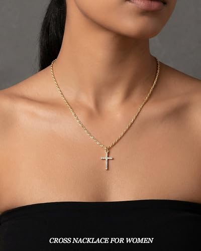 Cross Necklace for Women 14K Gold Plated Cross Necklace Dainty Cross Pendant Necklaces Easter Christian Baptism Religious Faith Jewelry Gifts - color: Gold - Diamond Cross Pendant